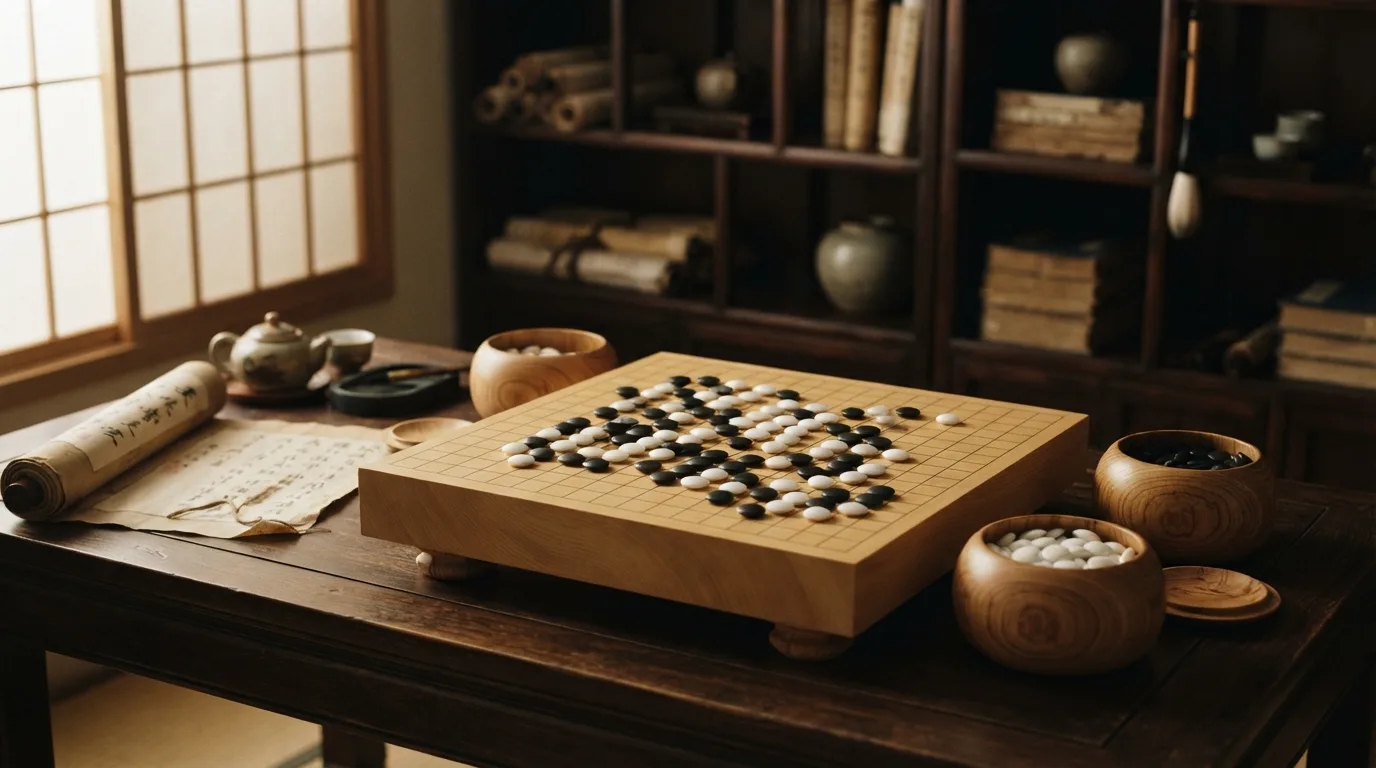 Bàn cờ Vây với quân đá cuội và sọt tre